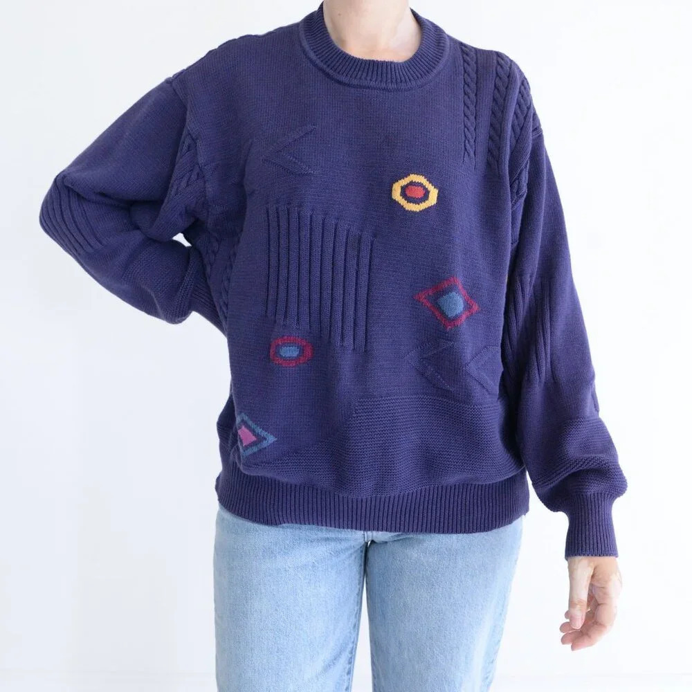 Vintage Jockey Euroline Navy Geometric Shapes Abstract Colourblock Sweater L